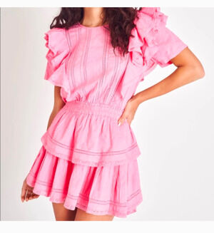 LoveShackFancy Women's Size P (00) Hot Pink Natasha Lace Trim Mini Dress (0219)
